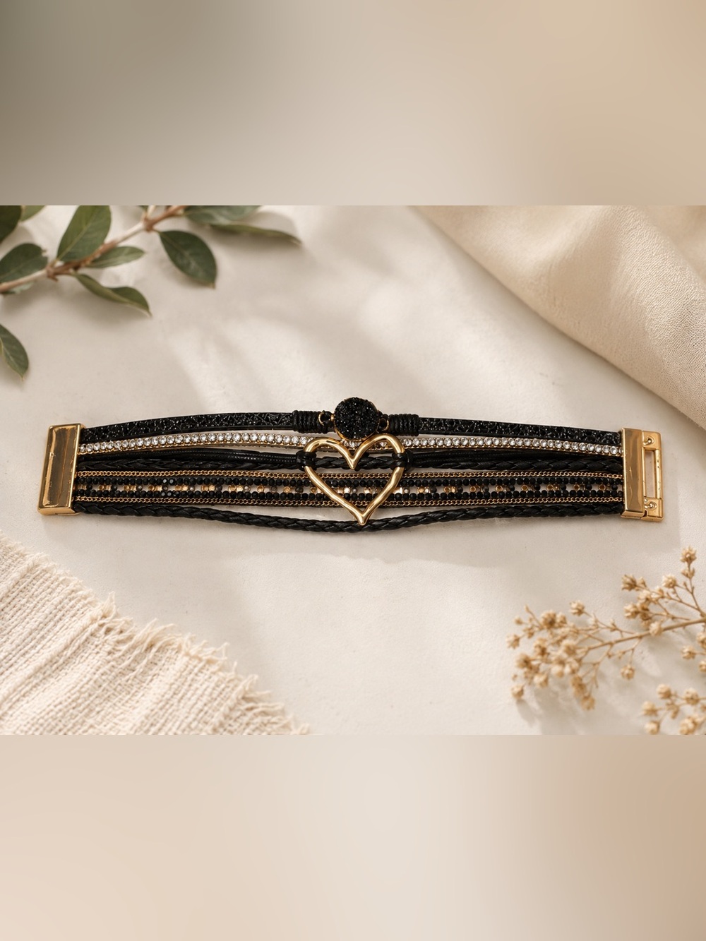 Multi-Strand Black Bracelet with Gold Heart Accent